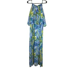 NY Collection Maxi Dress Large Tropical Green Blue Semi Halter Resortwear Lined
